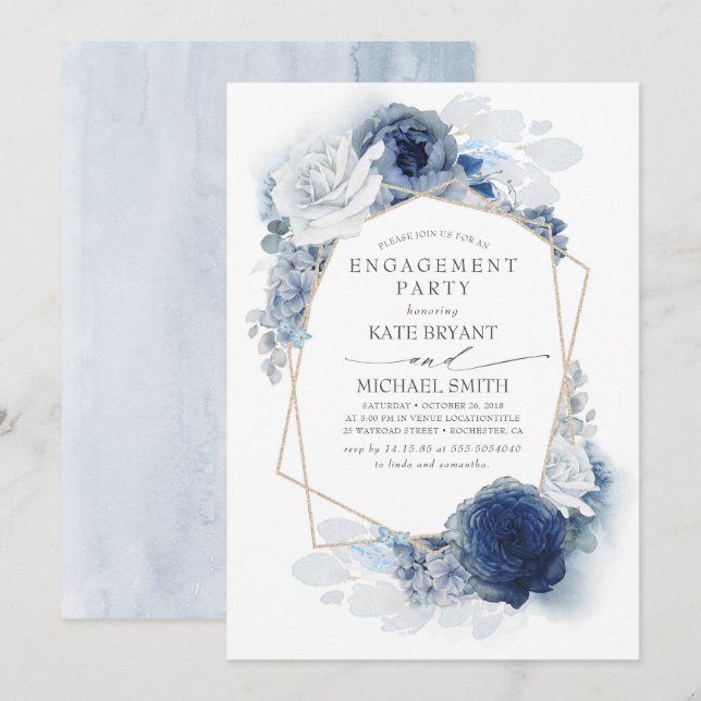 Navy and Dusty Blue Floral Modern Engagement Party Invitation (Front/Back)