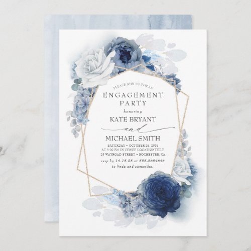 Navy and Dusty Blue Floral Modern Engagement Party Invitation
