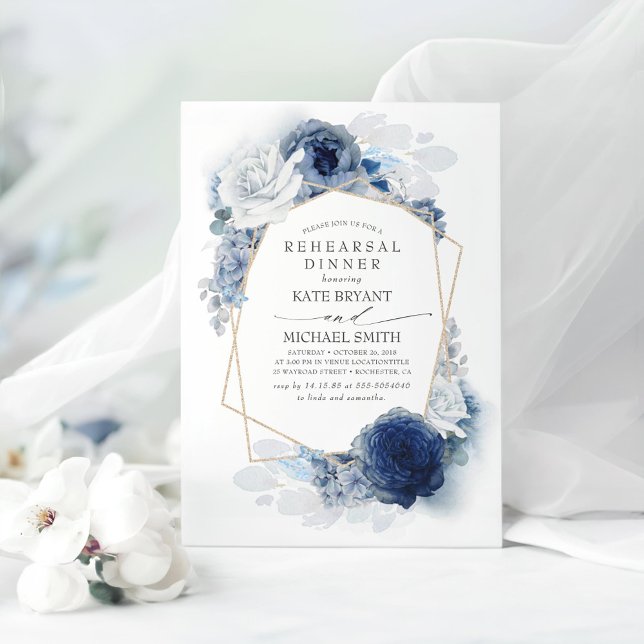Navy and Dusty Blue Floral Modern Rehearsal Dinner Invitation (Dusty Blue Floral Rehearsal Dinner Invitations)