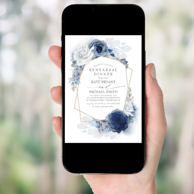Navy and Dusty Blue Floral Modern Rehearsal Dinner Invitation (Front Digital)