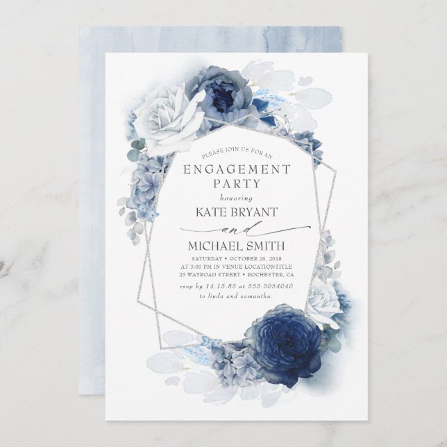 Navy and Dusty Blue Floral Silver Engagement Party Invitation (Front/Back)