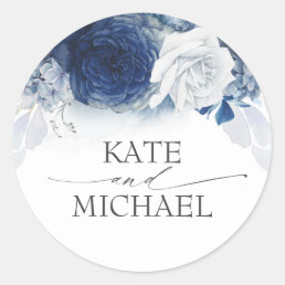Navy and Dusty Blue Floral Wedding Classic Round Sticker