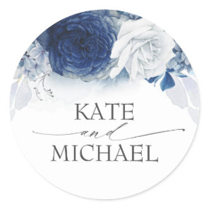 Navy and Dusty Blue Floral Wedding Classic Round Sticker