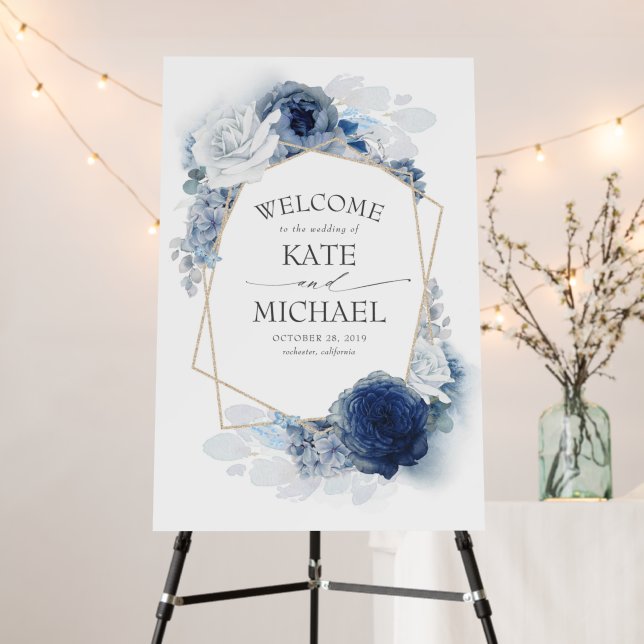Navy and Dusty Blue Floral Wedding Welcome Sign (In Situ (Stand))