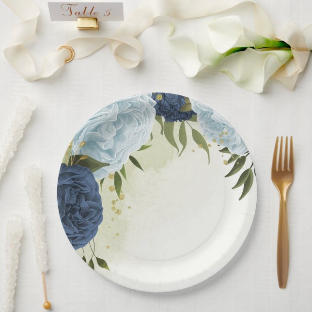 navy and dusty blue flowers greenery paper plates (Wedding)