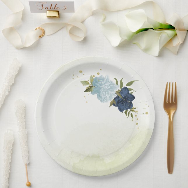  navy and dusty blue flowers greenery paper plates (Wedding)