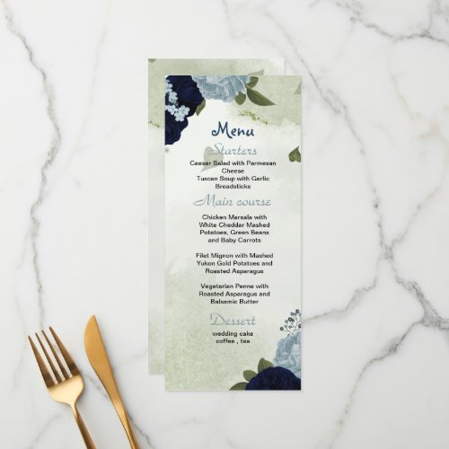 navy and dusty blue flowers greenery wedding menu