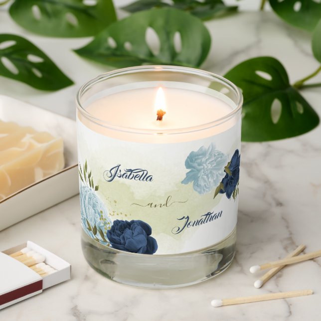 navy and dusty blue flowers greenery wedding scented candle (Lit)