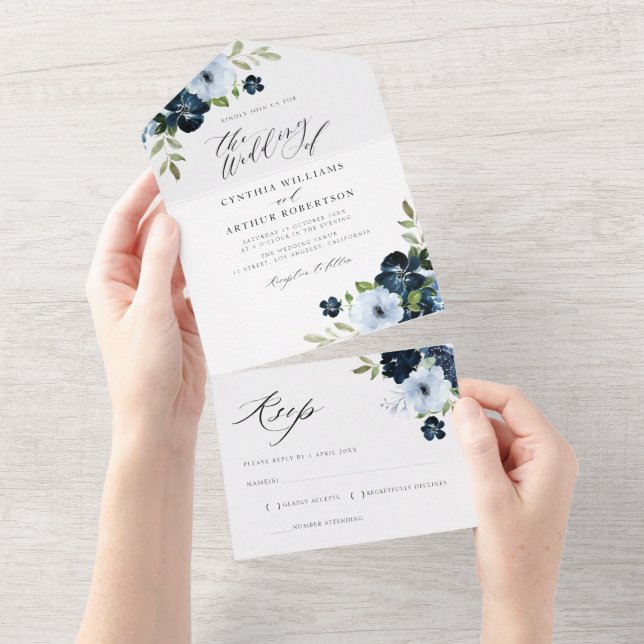 Navy and dusty blue watercolor floral wedding  all in one invitation (Tearaway)