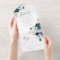 Navy and dusty blue watercolor floral wedding  all in one invitation