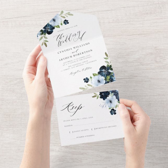Navy and dusty blue watercolor floral wedding  all in one invitation (Tearaway)