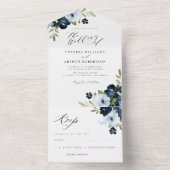 Navy and dusty blue watercolor floral wedding  all in one invitation (Inside)