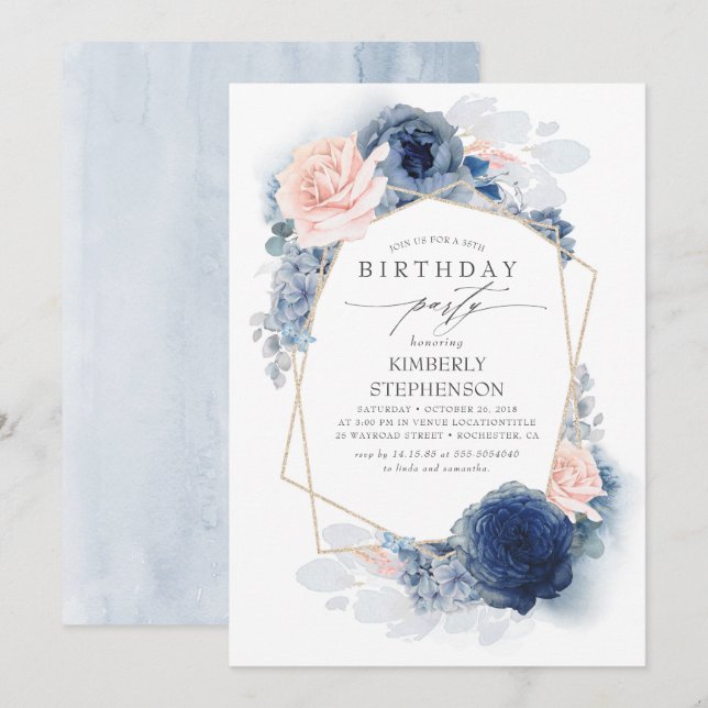 Navy and Dusty Pink Floral Modern Birthday Party Invitation (Front/Back)