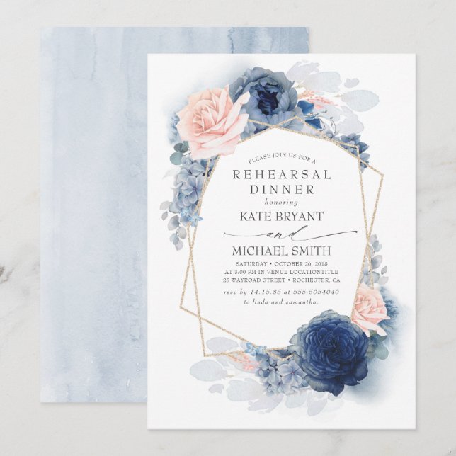 Navy and Dusty Pink Floral Modern Rehearsal Dinner Invitation (Front/Back)