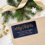 Navy and Faux Foil Christmas Return Address Label<br><div class="desc">Custom printed return address labels to coordinate with our Merriest holiday collection. This elegant design features a navy blue watercolor background with hand-lettered script Merry Christmas typography in faux gold foil. Personalize it with your name and return address or other custom text. Use the design tools to change the text...</div>