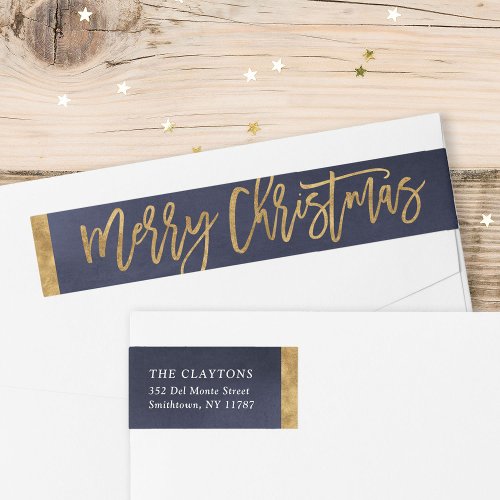 Navy and Faux Foil Christmas Return Address Wrap Around Label