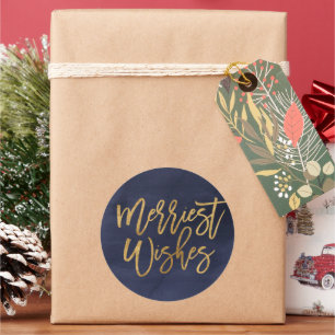 Navy and Faux Foil Merriest Wishes Classic Round Sticker