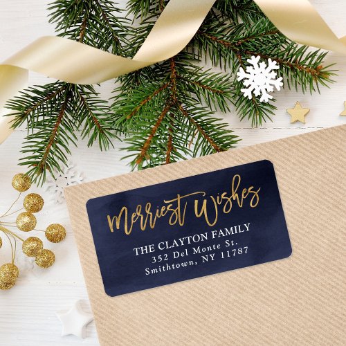 Navy and Faux Foil Merriest Wishes Return Address Label