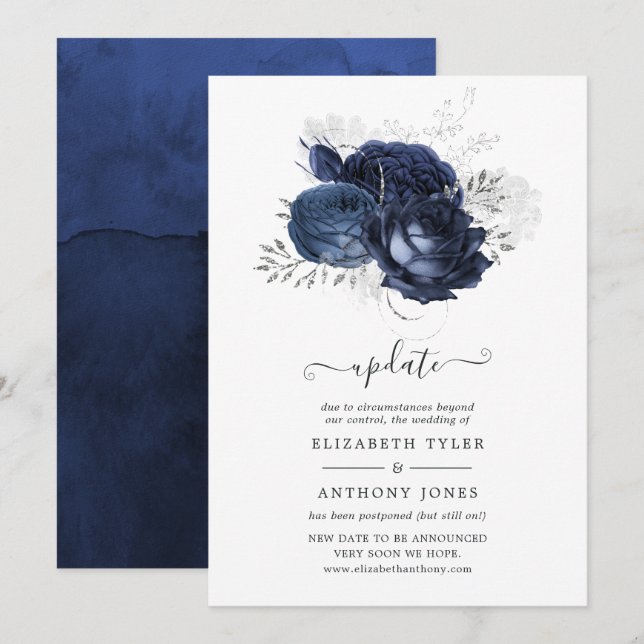 Navy and Faux Glitter Silver Floral Wedding Update Invitation (Front/Back)