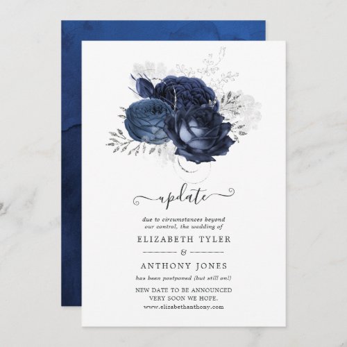 Navy and Faux Glitter Silver Floral Wedding Update Invitation