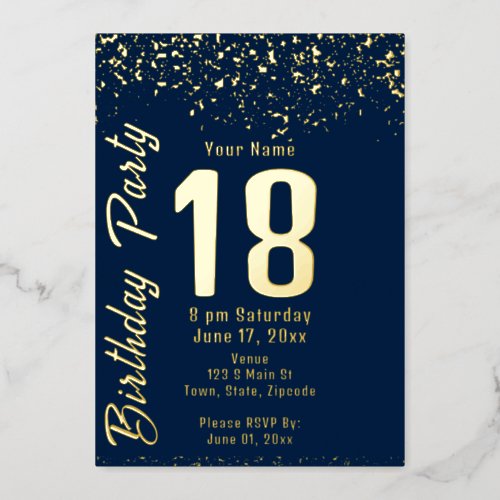 Navy and Faux Gold Glitter 18th Birthday Party Foil Invitation