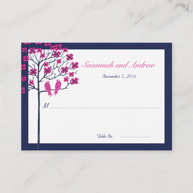 Navy and Fuchsia Vintage Birds Wedding Place Card (Front)