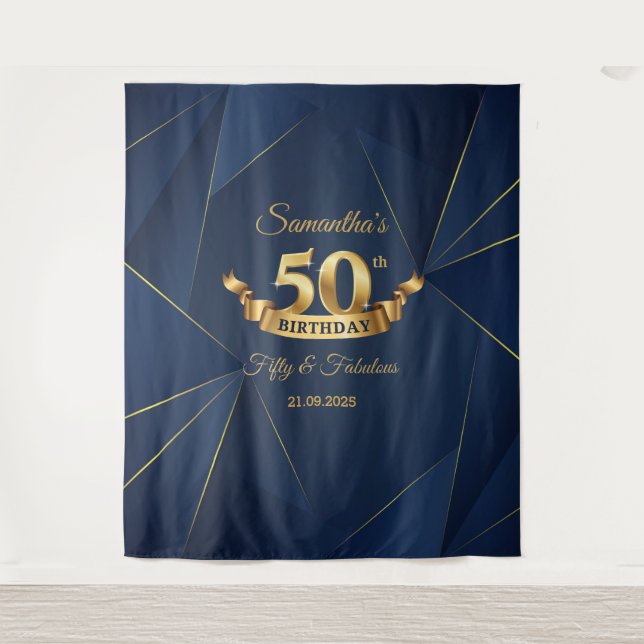 Navy and gold 50th birthday backdrop tapestry (Front)