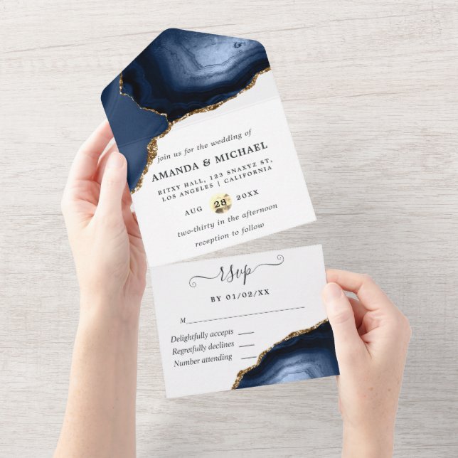 Navy and Gold Agate All In One Invitation (Tearaway)