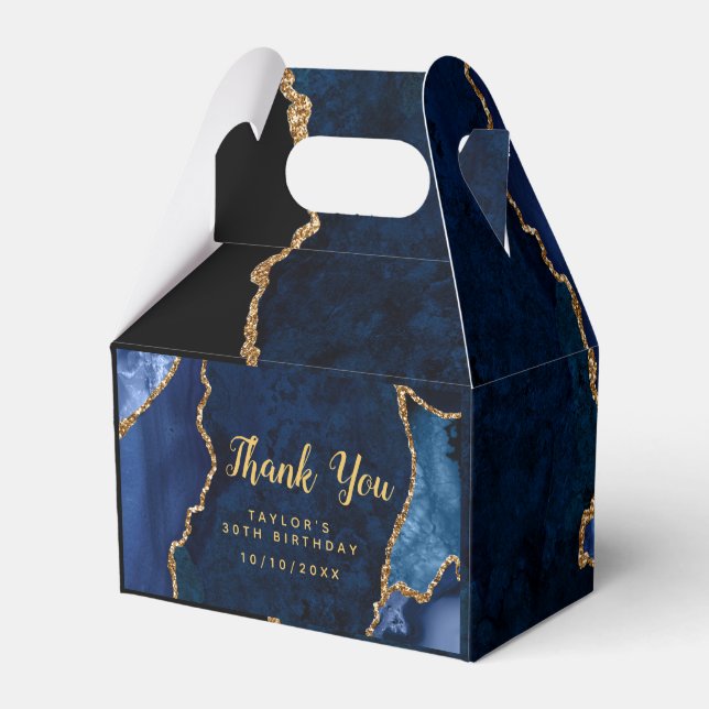 Navy and Gold Agate Birthday Thank You Favor Boxes (Front Side)