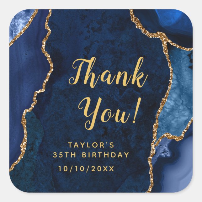 Navy and Gold Agate Birthday Thank You Square Sticker (Front)