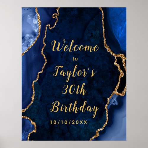 Navy and Gold Agate Birthday Welcome Poster