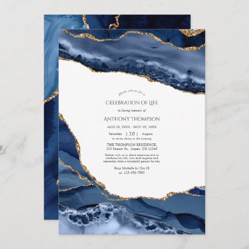 Navy and Gold Agate Celebration of Life Invitation