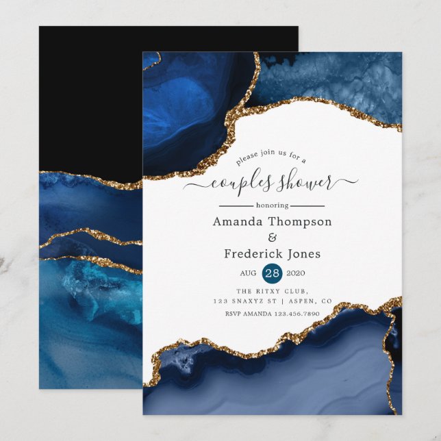 Navy and Gold Agate Couples Shower Invitation (Front/Back)