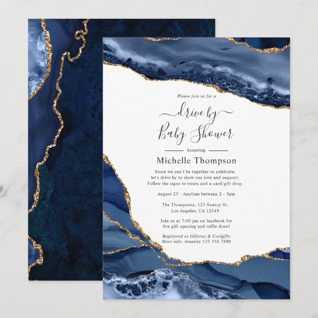 Navy and Gold Agate Drive By Shower Invitation (Front/Back)