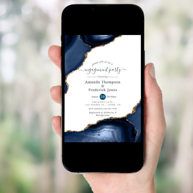 Navy and Gold Agate Engagement Party Invitation (Front Digital)