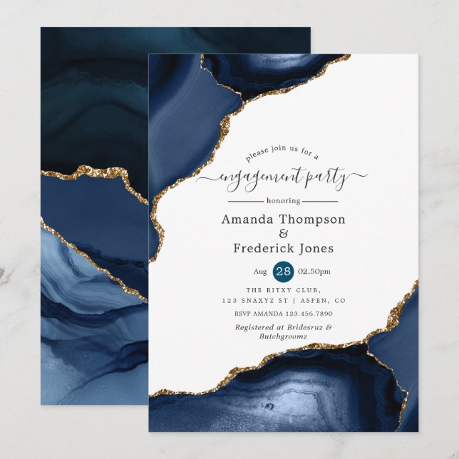 Navy and Gold Agate Engagement Party Invitation (Front/Back)