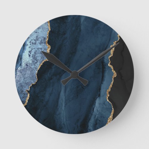 Navy and Gold Agate Luxe Elegant Round Clock