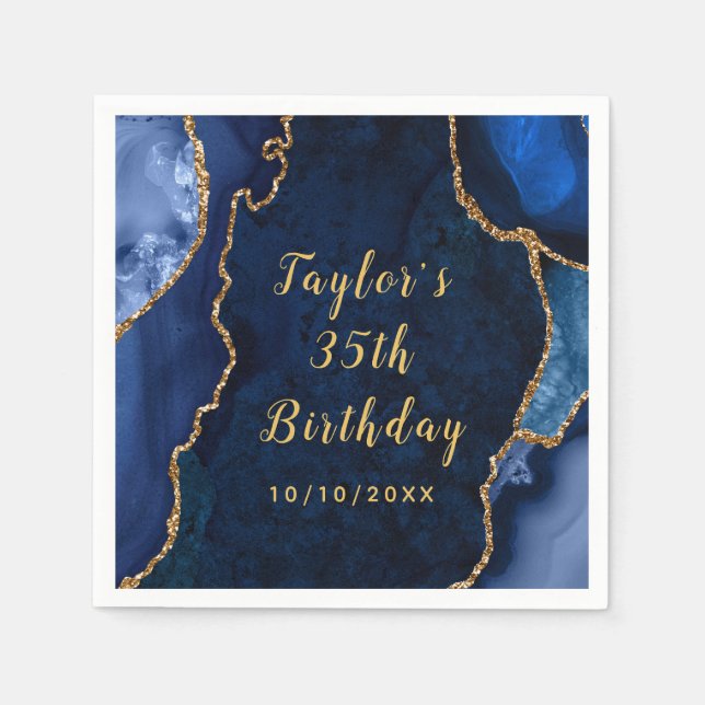 Navy and Gold Agate Marble Birthday Napkins (Front)