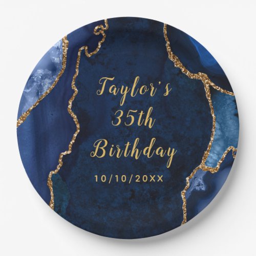 Navy and Gold Agate Marble Birthday Paper Plates