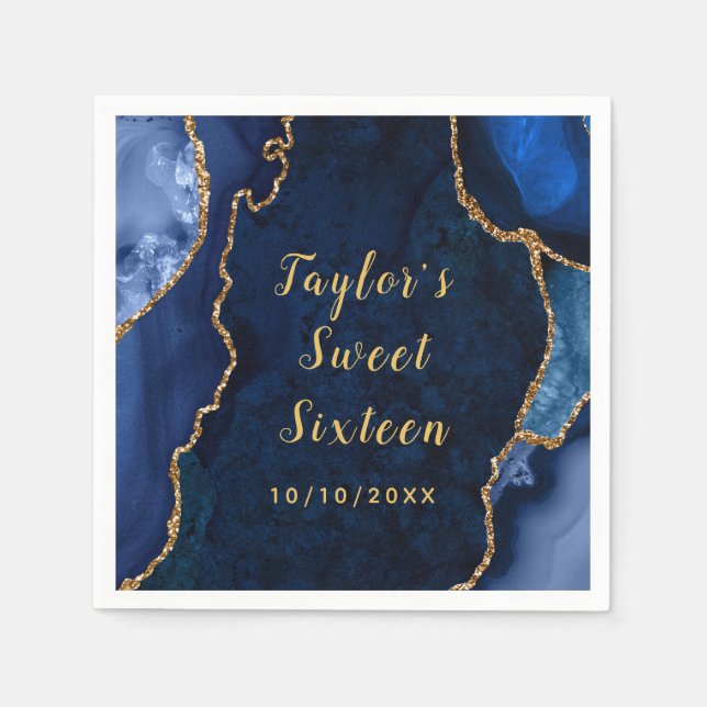 Navy and Gold Agate Marble Sweet Sixteen Napkins (Front)