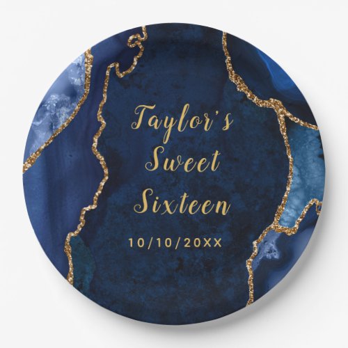 Navy and Gold Agate Marble Sweet Sixteen Paper Plates