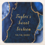 Navy and Gold Agate Marble Sweet Sixteen Square Paper Coaster<br><div class="desc">This elegant and glamorous sweet sixteen birthday coaster features a navy blue agate marble background with faux gold glitter accents. The text combines handwritten script and modern sans serif fonts for a classy and sophisticated look. This will be perfect for autumn fall and winter birthday parties.</div>
