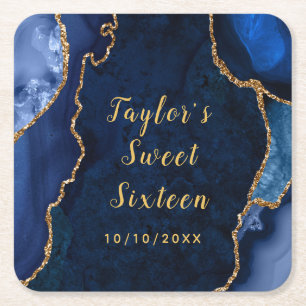 Navy and Gold Agate Marble Sweet Sixteen Square Paper Coaster