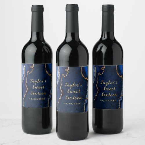 Navy and Gold Agate Marble Sweet Sixteen Wine Label