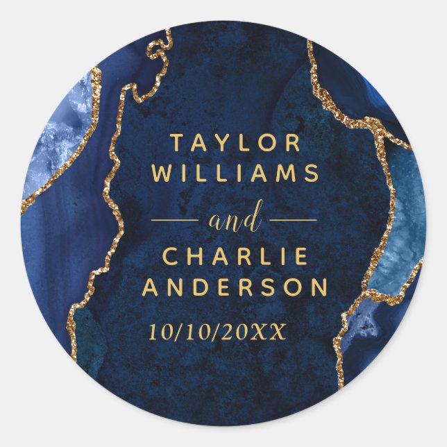 Navy and Gold Agate Marble Wedding Classic Round Sticker (Front)