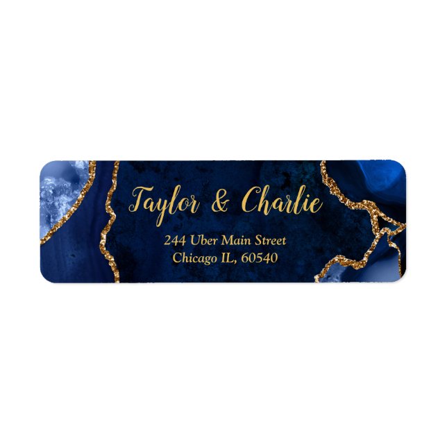 Navy and Gold Agate Marble Wedding Label (Front)