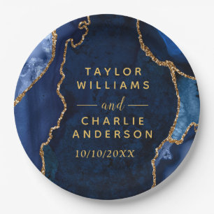 Navy and Gold Agate Marble Wedding Paper Plates