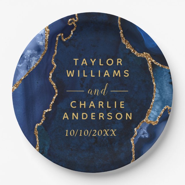 Navy and Gold Agate Marble Wedding Paper Plates (Front)
