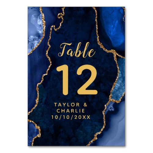 Navy and Gold Agate Marble Wedding Table Number
