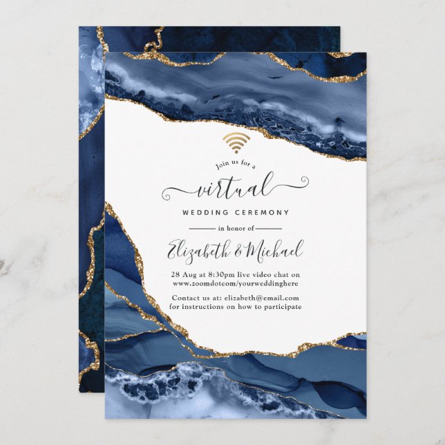 Navy and Gold Agate Online Virtual Wedding Invitation (Front/Back)